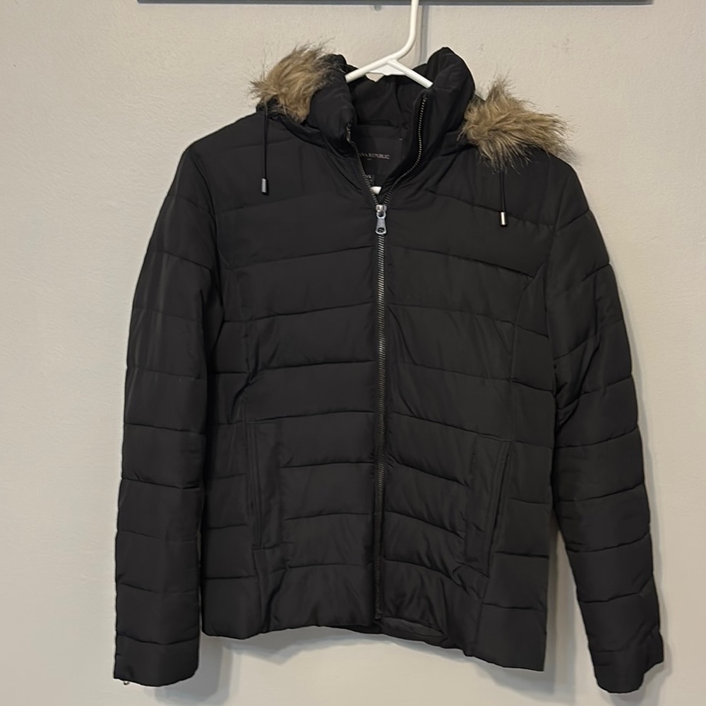 Banana Republic Black Puffer Coat with Faux Fur Trim